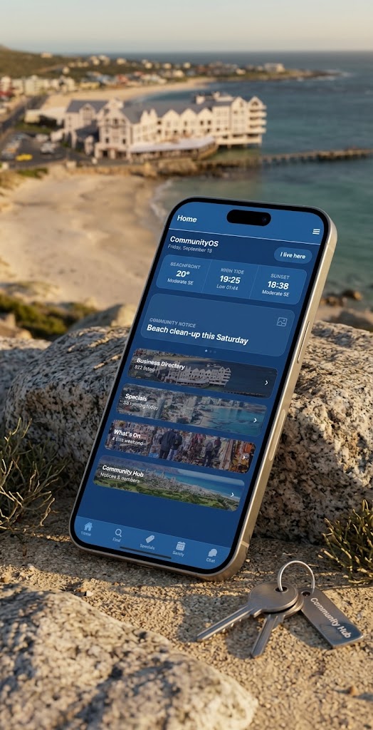 CommunityOS app shown on a phone at the beach